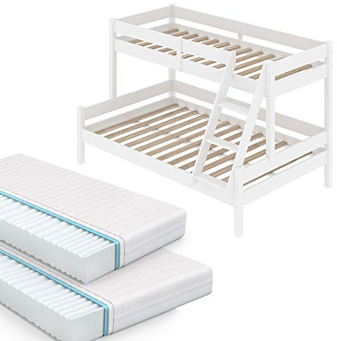 VitaliSpa Etagenbett Everest, Weiß, 120x200 / 80x200 cm mit 2 Matratzen, mit integrierter Treppe und stabilem Lattenrostsystem