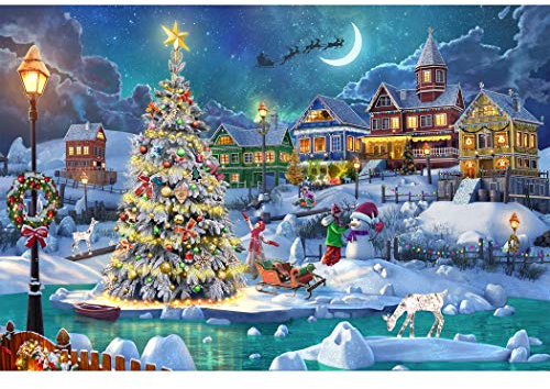 Becko Puzzle Holz Puzzle 1000 Teile für Erwachsene und Kinder - Schneeszene in Weihnachten Warme Weihnachten mit Schneemann Weihnachtsbaum Weihnachtshirsch für Weihnachten Thanksgiving Urlaub