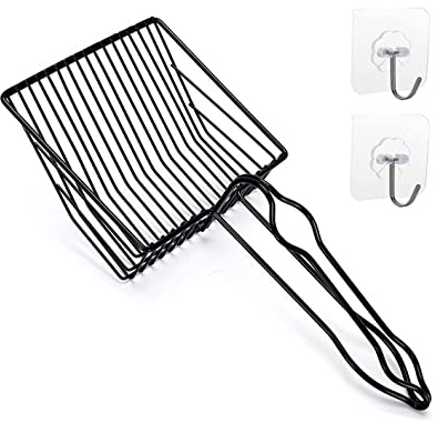 QUALIALL Metal Cat Litter Scoop, Fast Kitty Box Pooper Scooper with Holder, Deep Large Shovel, Upgraded with Flat Head and a Comfy Thumb Hole in Long Handle