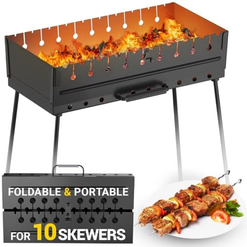 Charcoal Grill for 10 Skewers - Portable Barbecue Kabob Camp Grills - Foldable Metal Mangal - Kebab Shish BBQ for EDC Picnic Outdoor Cooking Camping Hiking N10
