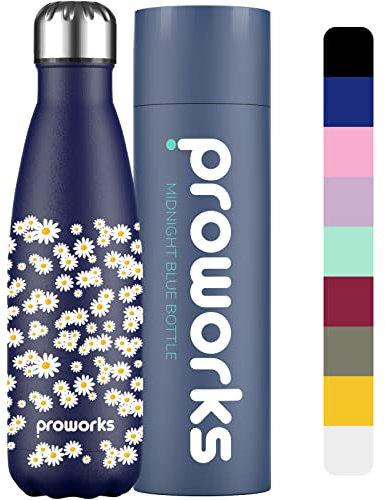Proworks Edelstahl Trinkflasche | 24 Std. Kalt und 12 Std. Heiß - Vakuum Wasserflasche - Isolierflasche für Sport, Laufen, Fahrrad, Yoga und Camping - 1 Liter - Mitternachtsblau - Gänseblümchen-Träume