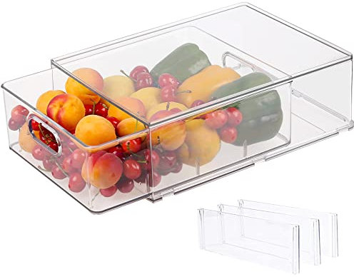 Abiudeng Fridge Drawer Kitchen Storage Organisation Cupboard Organiser with Pullout Drawer Stackable Fridge Organizer Set BPA free Clear Pantry Storage for Freezer-L