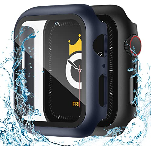 Adepoy 2 Pack Waterproof Apple Watch Series 8/7 Screen Protector 45mm, Hard Protective Cases Guard Bumper Ultra Thin Full Coverage Compatible for iWatch series 8/7 45mm