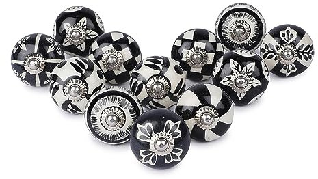 Ajuny Lot de 12 Boutons en Céramique Motif Floral Noir et Blanc pour Armoires de Cuisine Placards de Salle de Bain Commodes Tiroirs Poignées Faites à la Main Boutons Décoratifs en Poterie