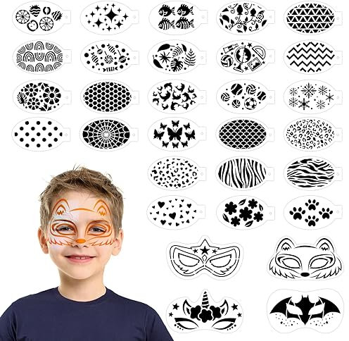 SRIZIAN 30 Stück Gesichtsmalerei Schablonen, Wiederverwendbare Gesichtsfarbe Schablonen, Tattoo-Schablonen für Gesicht und Körper, Kinder Party Urlaub Halloween Make-up