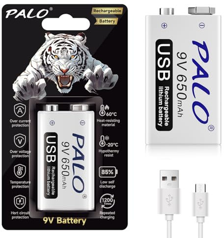 Mspalocell Batería Litio de 9V 650 mAhpaquete 4, Estampado Tigre Carga rápida 1500+ ciclos Batería de Bloque 9V Recargable con Cable Micro USB e indicador Carga, batería Baja autodescarga (2)