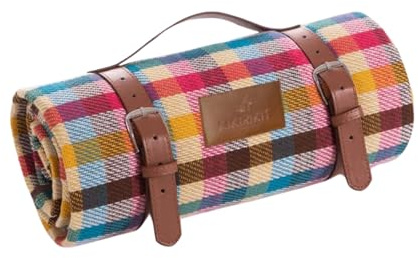 KIKIRIKIT - Manta Picnic Impermeable, 1,5 x 2 Metros con asa de Cuero PU, repele la Arena y es blandita (Cuadros Multicolor)