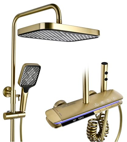 BEITH Colonna Doccia con Miscelatore Termostatico, 31x20cm Sistema Doccia per Pianoforte, Luce Ambientale 360° LED, Display Digitale, Piazza Soffione Doccia, con Miscelatore Vasca, Pistola a Spruzzo
