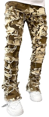 FeMereina Stacked Jeans Men Skinny Ripped Jeans Slim Fit Patchwork Denim Pants Y2K Goth Harajuku Emo Hip Hop Jeans Trouser (Camouflage, L)