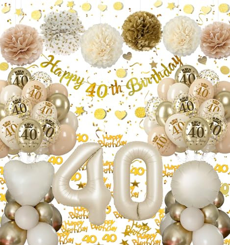 40 Geburtstag Deko Frauen, Deko 40. Geburtstag Beige Gold mit Luftballon 40, Happy Birthday Banner, Seidenpapier Pompons Party Ballons für 40. Deko