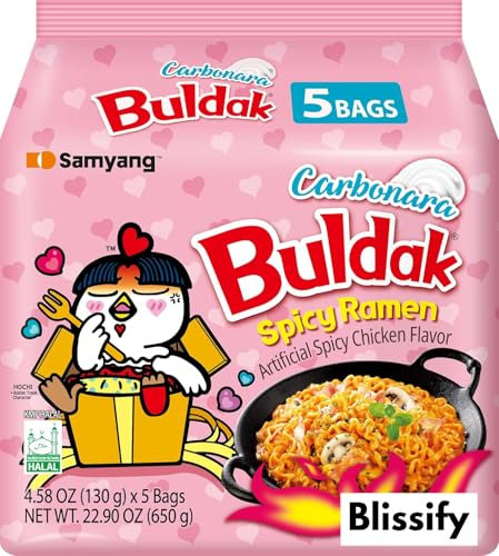 Blissify -Korean Import Hot Chicken Flavour Carbo nara Noodles - Fire Fried Super Hot Spicy PINK Noodle (128g x 5) - HALAL - By Buldak