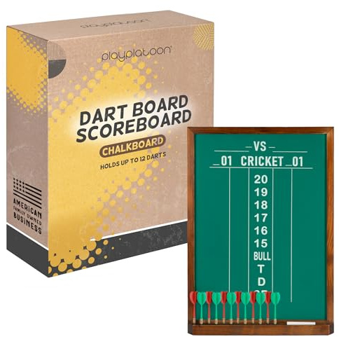 Play Platoon Dart Scoreboard & Darts Holder Wall Mount - 22x16 Inch Wood Scorekeeper Game Room Dart Board Accessories & Score Board Keeper - Dartboard Cabinet, Storage for Darts - Green Chalkboard