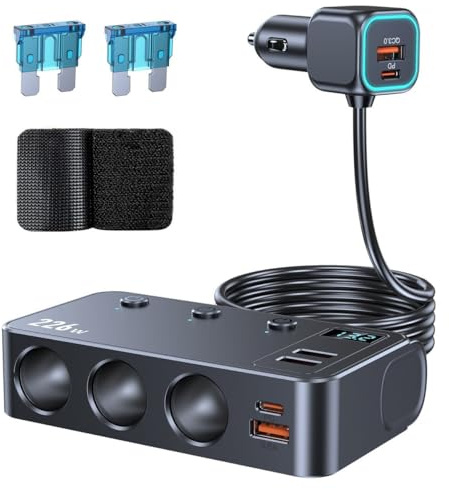 Leehitech Chargeur USB 226 W pour allume-cigare 9 en 1, adaptateur répartiteur multiprise 12 V/24 V CC avec voltmètre, charge rapide pour téléphone, ordinateur portable, appareil de voiture