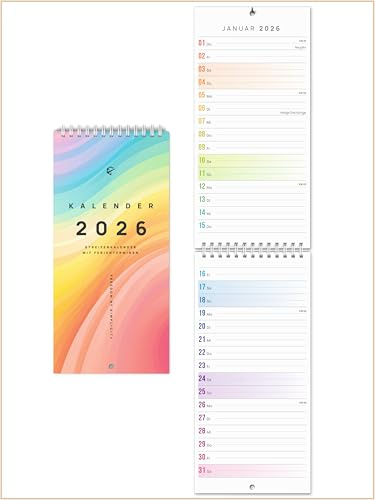UNITURE® Kompakter Wandkalender 2026 schmal [12 x 50 cm] Ideal für schmale Wände in Flur und Küche I Streifenkalender 2026 lang I Kalender 2026 lang und schmal I Küchenkalender