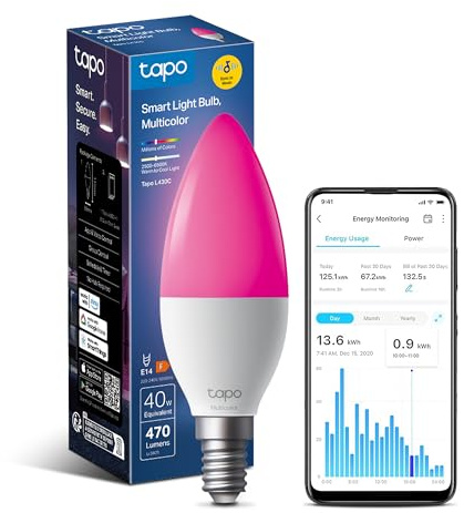 Tapo L430C Smart Bulb, Alexa Light Bulbs, LED Light Bulb, E14 Smart Light Bulb, 470 Max Lumens, Dimmable, Colour Changing Light Bulb, Auto Biorhythm,Music Sync,Voice/APP Control,Schedule & Timer