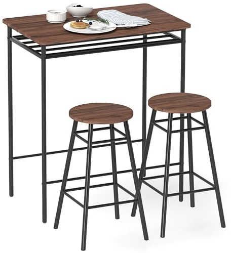 HOMCOM Juego de Mesa y Taburetes de Bar, Mesa Alta de Cocina con 2 Taburetes Industrial, Estante Abierto, Reposapiés, Ahorro de Espacio, para Espacios Reducidos, Comedor, Salón, Marrón