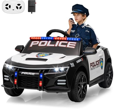 12V Police Car Ride on Toys, Ride on Electric Car for Kids to Drive, Battery Powered, Remote Control, Emergency Alert Tones, Megaphone, Flashing Lights, Music, Spring Suspension, Birthday & Xmas Gifts