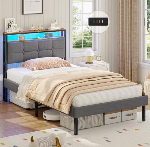 AOGLLATI Letto imbottito da 90 x 200 cm, con illuminazione a LED e prese, letto per ragazzi con rete a doghe in metallo, letto da 90 x 200 cm, con vano portaoggetti, struttura in metallo con testiera