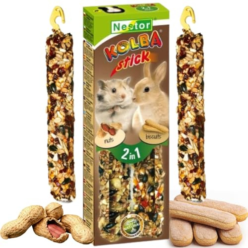 Small Animals Rabbits Twin Pack Hamster Two Sticks Food Biscuits amd Nuts Flavor Natural Gnawing Nibbling Nutritious Snacks Guinea Pig Rat Mouse Gerbil Rodents Pet Vegetable Foods Chew Treats