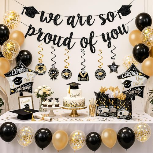 OLANRUN Graduation Decorations, Graduation Decorations 2026 with “We Are So Proud of You Graduation Banner, 20Pcs Balloons & 6Pcs Congrats Hanging Swirls, Class of 2026 for High School College Party