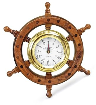 Nagina International Premium Nautical Hand Crafted Brass Time's Clock Wooden Ship Wheel | Pirate's Wall Decor | Home Decorative Gifts (12 Inches)