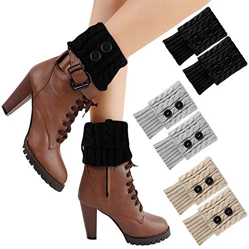 FEPITO 3 Pairs Winter Knitted Crochet Leg Warmers Twist Knitted Boot Cuffs Socks Warm Short Boots Cuff Crochet Knee Warmers for Women