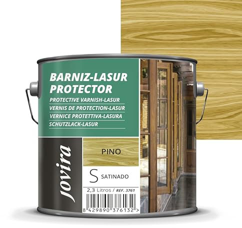JOVIRA PINTURAS. BARNIZ LASUR PROTECTOR SATINADO (7 colores) Protege, decora y embellece todo tipo de madera (2,3 Litros, Pino) D-03B