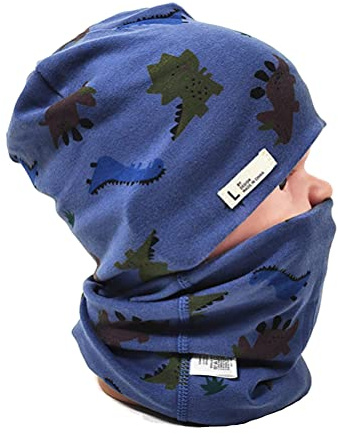 FUYAO Baby Kids Cotton Hat and Tube Scarf Set Children Toddler Spring Autumn Winter Warm Beanie Cap Scarves for Boys and Girls (Dinosaur Navy Blue, 3-6 Years)