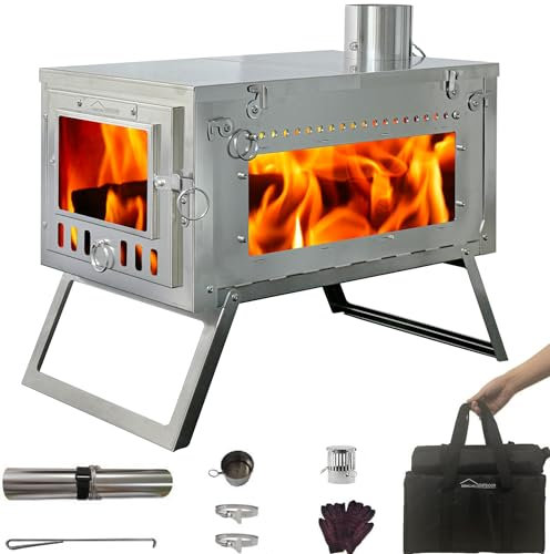 DANCHEL OUTDOOR SSG Piccola stufa a legna pieghevole con vetro laterale, stufa a legna portatile in acciaio inox con camino da 2,2 m, per viaggi in spalla, campeggio, caccia, cucina facile