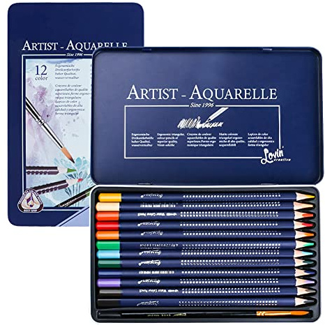 ITODA 12 Professional Watercolour Pencils Set with a Brush in Metal Box Water Soluble Pencils Colored Art Drawing Pencils for Adult Artist Beginners, Drawing Sketching Painting Art Supplies