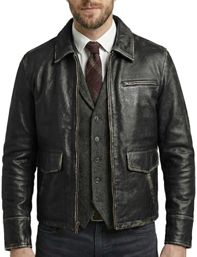 SHOP OF JACKETS LIMITED Chaqueta de cuero para hombre estilo motociclista, de cuero genuino, estilo vintage, negro, XL