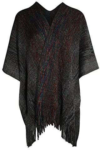 ZLYC Scialle da donna con finiture dorate in maglia, coperta avvolgente con frange poncho cardigan, Space Dyed Black, Taglia Unica
