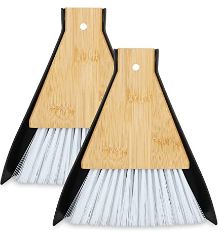 Relaxdays Mini recogedor y Cepillo, Juego de 2, Escoba de Mesa, Equipo de Limpieza, Cocina y Camping, Colgante, Blanco/Negro Set, Quitamigas Escritorio, Barredor de Mano Bambú, 16,5 x 13 x 1,5 cm