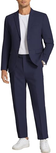 Coofandy Herren 2-teiliges Leinenanzug-Set, Normale Passform, lässiger Leinenanzug, Leichter Anzug, Sommer, Strand, Hochzeit, Marineblau, L