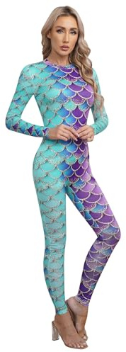 Hedmy Womens Adult Full Length Long Sleeve Bodysuit Mermaid Jumpsuit Fish Scale Leotard Unitard One Piece Swimsuit Type D M