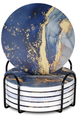 Memeyou Sottobicchieri in ceramica marmorizzata blu navy con supporto assorbente per bevande dorate set da esterno rotondo carino tavolo carino tazza da caffè divertente vino birra bar sottobicchieri