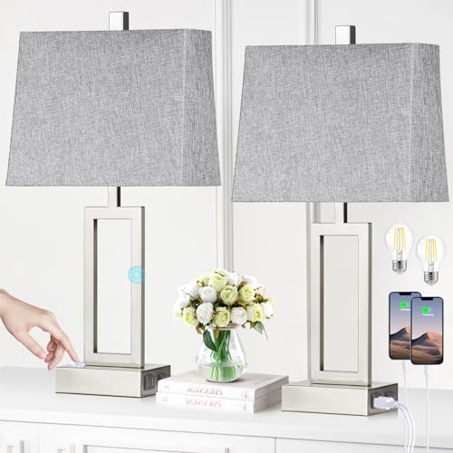 Rinweey Touch Control Table Lamps Set of 2, Modern Silver Bedside Lamps with USB A+C Ports & AC Outlet, 3 Way Dimmable Contemporary Nightstand Lamps for Bedroom Living Room(LED Bulb Included)