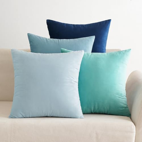 EMEMA Samt Kissenbezug 40x40 cm Kissenhülle Kopfkissenbezug Dekorative Dekokissen Couchkissen 4er Set Deko Bezug Sofakissenbezug für Wohnzimmer Schlafzimmer Büro Blau Serie