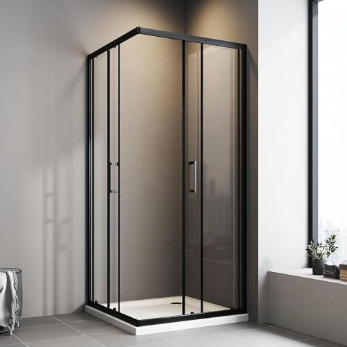 Duschkabine 90x90cm Schwarz Schiebetür Eckeinstieg Duschkabine mit Schiebetüren 6mm ESG Glas Duschschiebetür Duschabtrennung Eckeinstieg Dusche Duschwand Höhe 185cm
