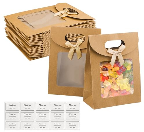 DesertBoy 12 Piezas Bolsa de Regalo con Ventana Bolsas de Regalo con Asas Bolsas Embalaje Papel Kraft Bolsa de Regalo con Asa Marrón Bolsa de Papel Kraft con Pegatinas para Envasado de Dulces, Snacks
