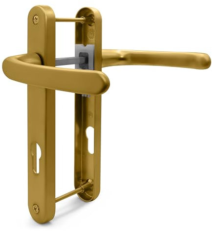 TSS Gold UPVC Door Handle Pair Set, Sprung, 92mm PZ (Centres), Lever Lever, 203mm Screw to Screw (Screw centres), Backplate 232mm x 32mm - Replacement PVC Door Handle in Gold, Suits Everest/Asgard