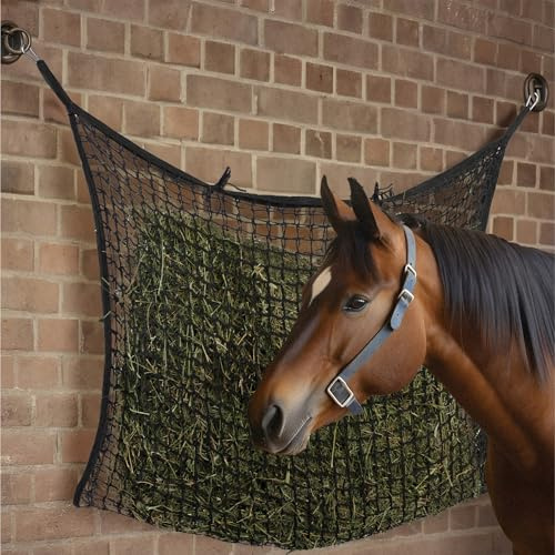 Navaris Red Henera para Caballo - 1x Comedero para Caballos Capacidad 13 kg - con 2 Mosquetones de Hierro - Redes Comedero de Heno y Pienso de 120 x 90 cm para Caballos - Negro