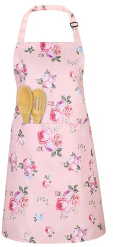 ViEinkaufen Aprons for Women, Pink Flower Adjustable Chef Apron with Pockets, Aprons for Cooking, Waterproof Apron for Hairdressing Gardening Home Kitchen Restaurant