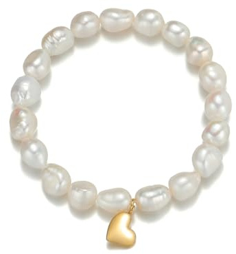 Pulsera de Perlas Barrocas Hecha a Mano - Perlas de Agua Dulce 7-8mm/9-10mm con Colgante de Corazón Dorado, Embalaje de Regal(Perla 9-10,17cm)