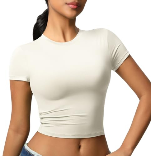 JTSONN T-Shirt de Sport Femmes Manches Courtes Respirante Chemise Fonctionnelle Haut de Course Chemise Compression Col Rond Yoga Fitness Workout Gym Running Crop Top