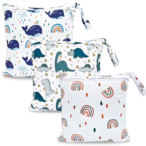 HOTLIKE Bolsa de Pañales, 3PCS Bebé Reutilizable Impermeabilizan Bolsa con Cremallera Impermeable para Mamá, Wetbag Portátil Organizador de Viaje, Playa, Gym (Blanco)