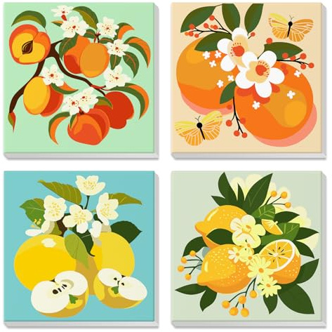 DAERLE 4 Pack Pintar por Numeros Niños con Marco, Melocotón, limón, DIY Pintura Acrílica DIY sobre Lienzo, Para Adultos Niños Principiantes, Decoración de Pared Salón Dormitorio 20x20cm Fruta