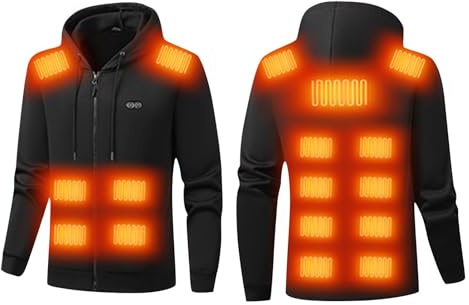 UHouse Beheizbare Sweatjacke Herren Gefüttert Winter Beheizbarer Hoodie Einstellbar Heizjacke mit 17 Heizzonen Hoody Männer Elektrische Beheizte Pullover mit Kapuze Schwarz XL