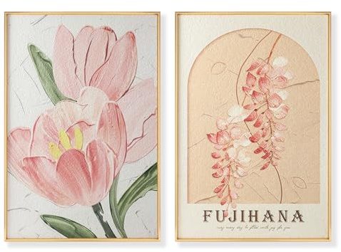 Quadri da parete incorniciati decorazioni da parete con fiori e piante colorati, set di 2 decorazioni botaniche da parete rosa per soggiorno camera da letto e camera delle bambine, 23,6×15,7 pollici