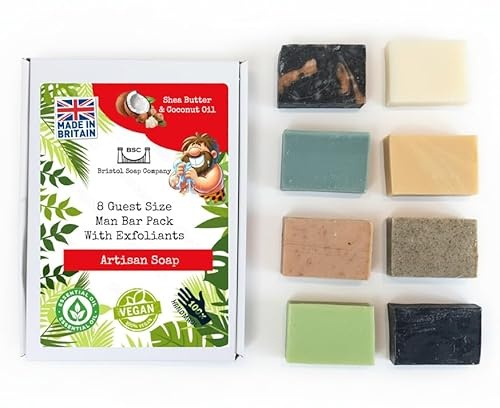 Bristol Soap Company Artisan Soap Guest Size Man Bar Pack, 8 Handmade Masculine Soaps with Exfoliants, Shea Butter & Coconut Oil, Cruelty-Free & Vegan Gift Set (8 x 25g)